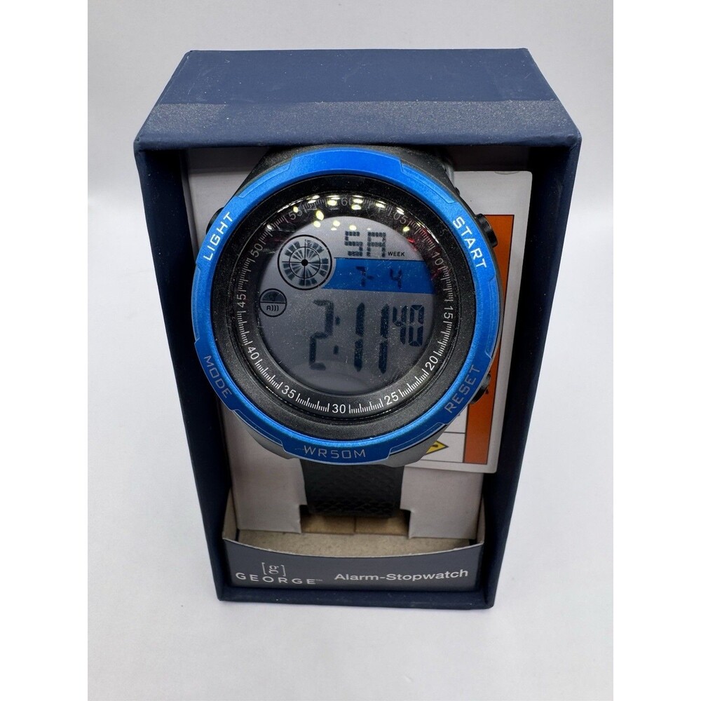 George Digital Sport Wristwatch Alarm Stopwatch Backlight Blue Bezel WR 50M New